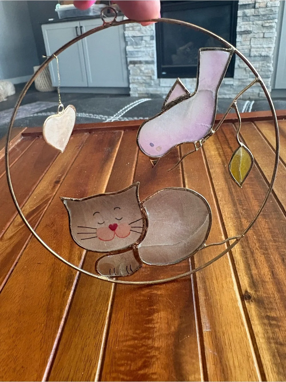 Whimsical Cat & Bird with Heart Capiz Shell Window Suncatcher Decoration